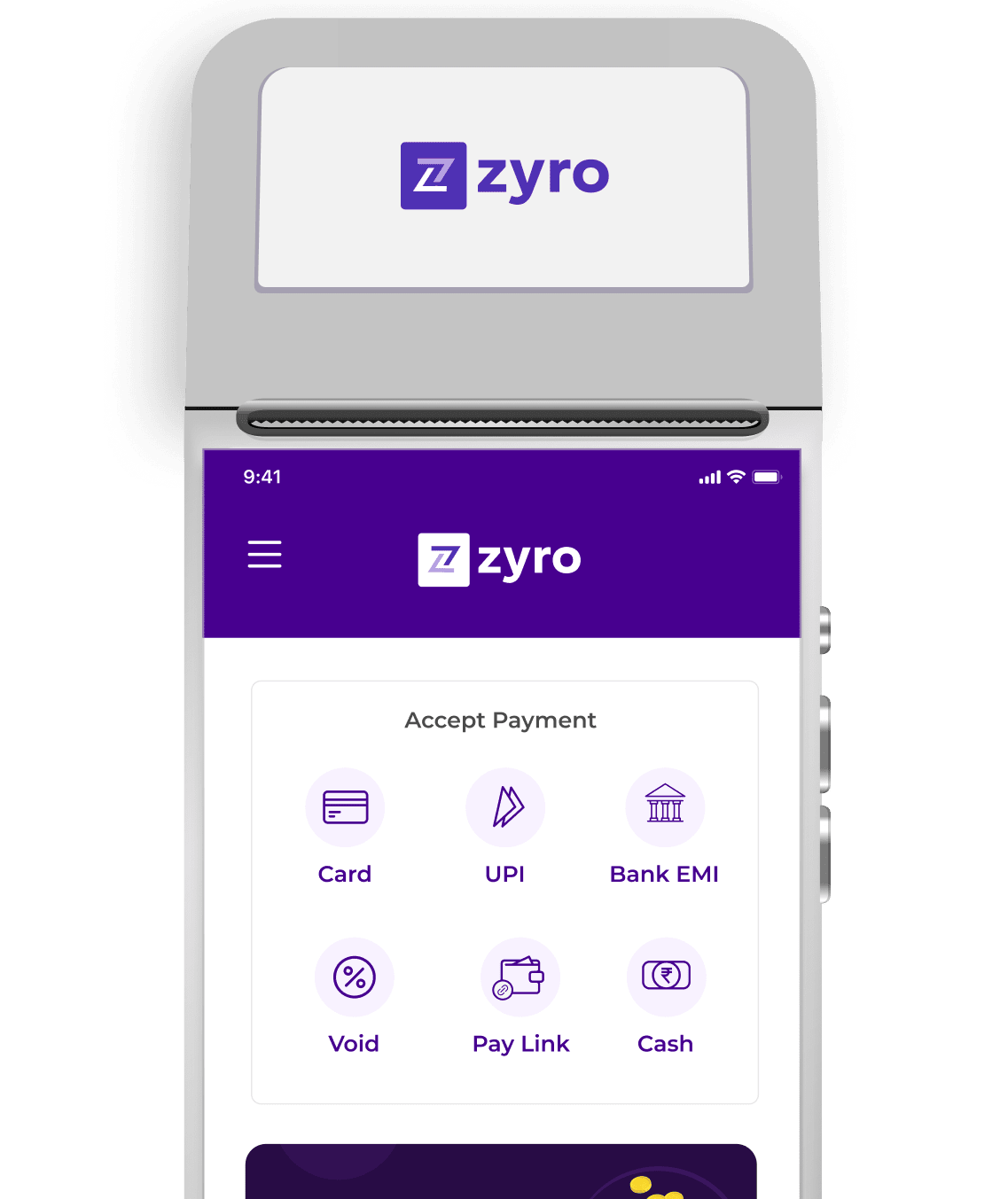 Illustrative render of the white and grey ZYRO POS device
